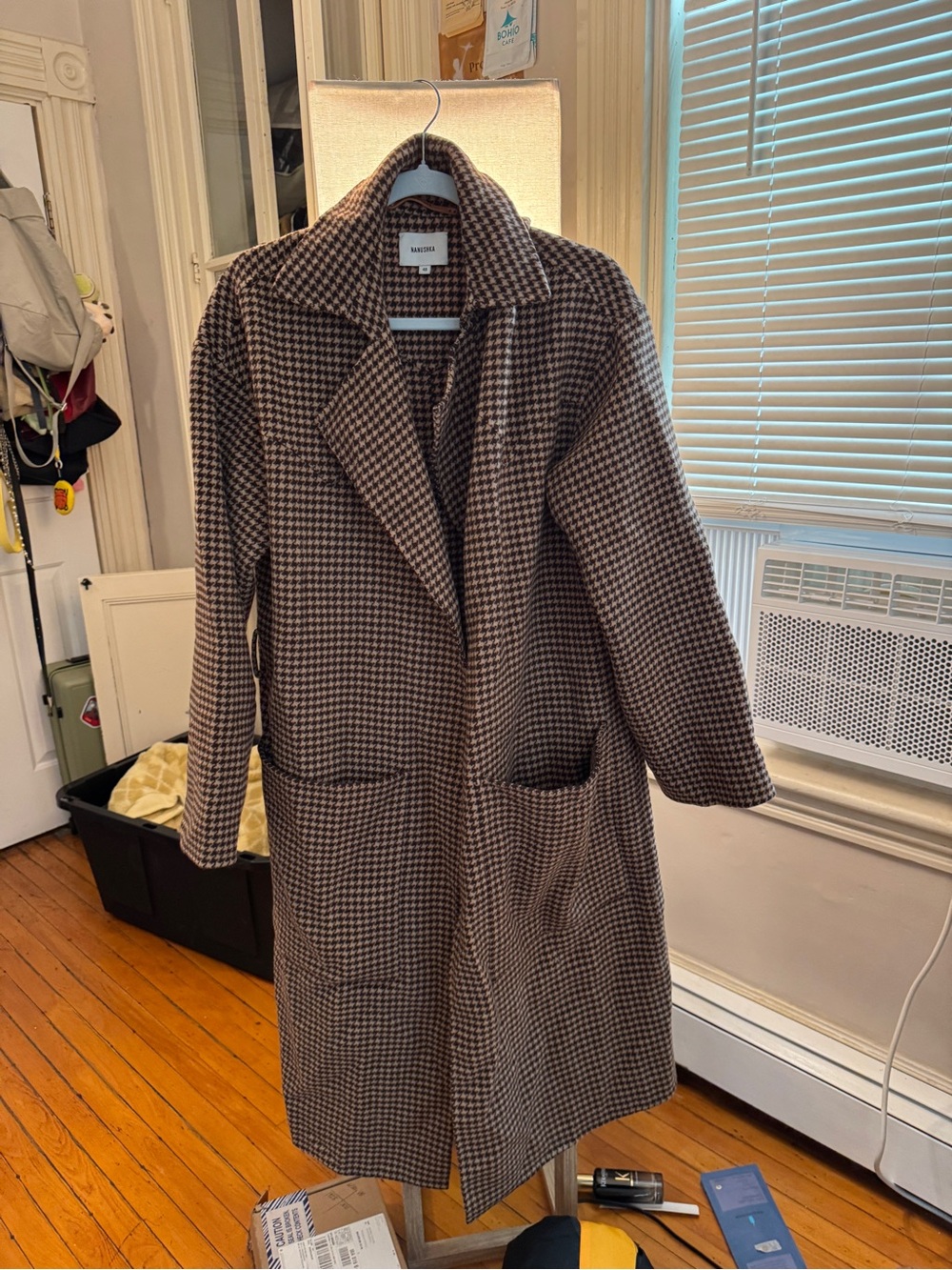 Nanushka Brown Houndstooth Long Trench Coat